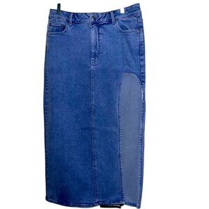 ASOS Blue Denim Midi Skirt Women’s Size 12 Cut Out Panel Stretch Jean Skirt